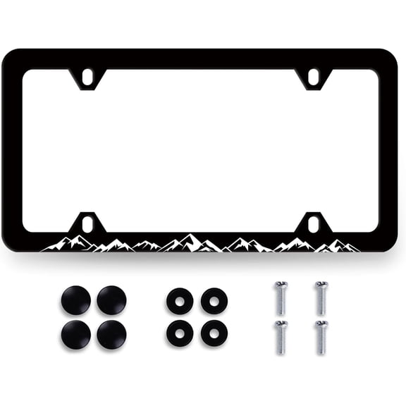License Plate Frame Cover with Mountain Design, Decorative Tag Holder, Stainless Steel, 12.2 x 6.2 Inch, with Screws