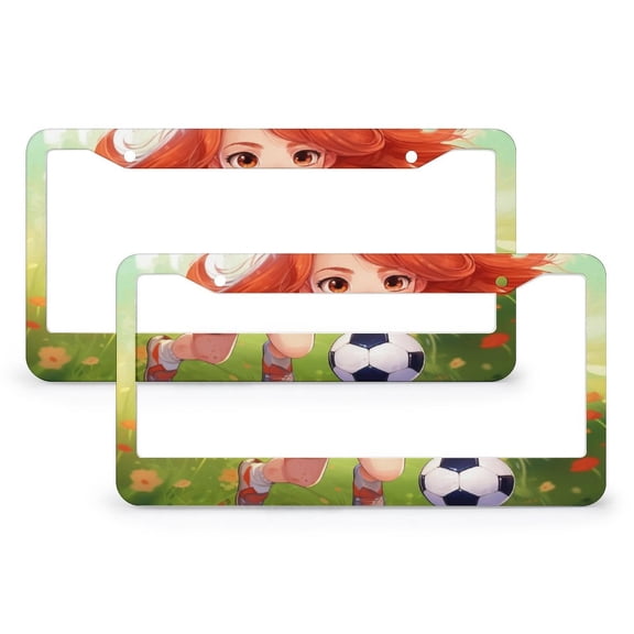 License Plate Frame Cute Cartoon Red Head Girl Play Soccer License Plate Cover Front Plates Frames Car Tag Frame 2 Pieces Fun Sport Game Quality Aluminum License Plate Cover for Women