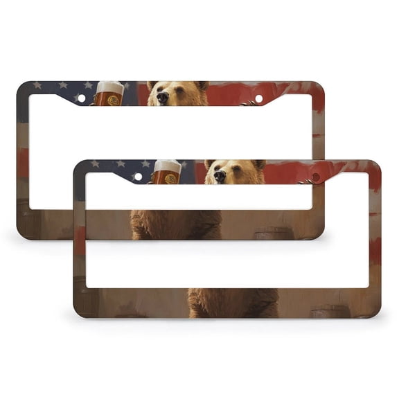 License Plate Frame Happy Camper Bear License Plate Cover Front Plates Frames Car Tag Frame 2 PCS Wild Bear American Flag Aluminum Metal License Plate Frames for Men/Women 6x12in