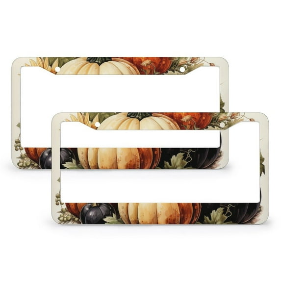 License Plate Frame Happy Fall Harvest Pumpkin License Plate Frame License Plate Shield Frame 2 PCS Thanksgiving Seasonal Holiday Metal License Plate Frames for Men/Women