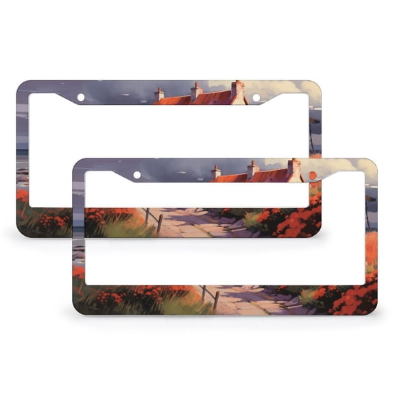 License Plate Frame A House On A Red Roof Auto Decorative Frames Cars Protector Cover Holder 2 Pcs Set Farmhouse Countryside Metal License Plate Frames Fits All Car
