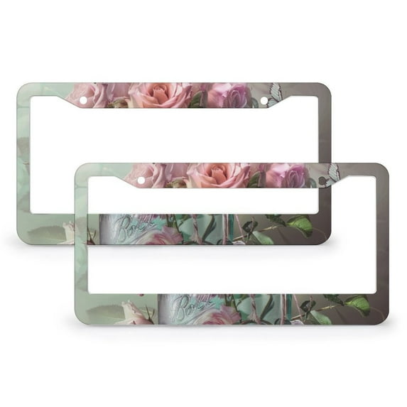 License Plate Frame Jar of Pink Roses with Butterflies Standard Car Tag Cover Holder 2 Pieces Hello Spring Rose Flower Aluminum License Plate Cover for Women Men US Vehicles Standard