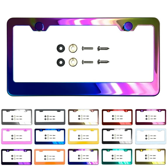 License Plate Frame Neo Chrome Aurora Electroplating Burnt Titanium Mirror Chrome Universal Fit Anti Rust Metal Screw On Cap Cover, T304 Stainless Steel, Rust Proof (Qty: 1 Frame)