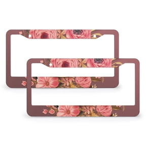 License Plate Frame Pink And Gold Floral Wreath License Plate Frame License Plate Shield Frame 2 Pieces Red Monogram Initial Letter with Red Floral Metal License Plate Cover for Women Men