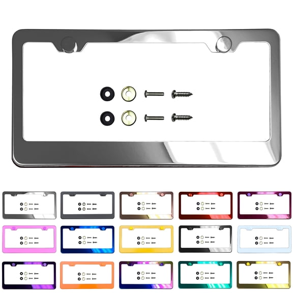 License Plate Frame Polished Mirror Chrome Universal Fit Anti Rust Metal Screw On Cap Cover, T304 Stainless Steel, Rust Proof Weather Proof Stainless Steel Screws (Qty: 1 Frame)