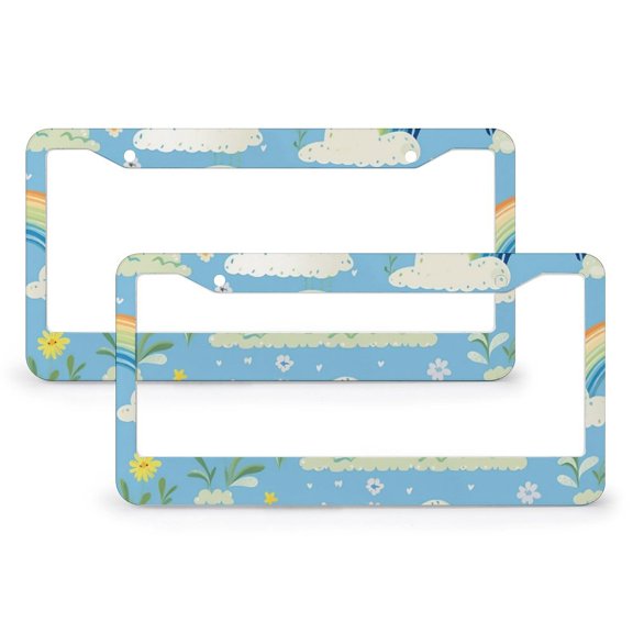 License Plate Frame Rainbows And Clouds Auto Car Accessories Tag 2 PCS Cartoon Rainbow Colorful Clouds Quality Aluminum Metal License Plate Cover Gift for Dad