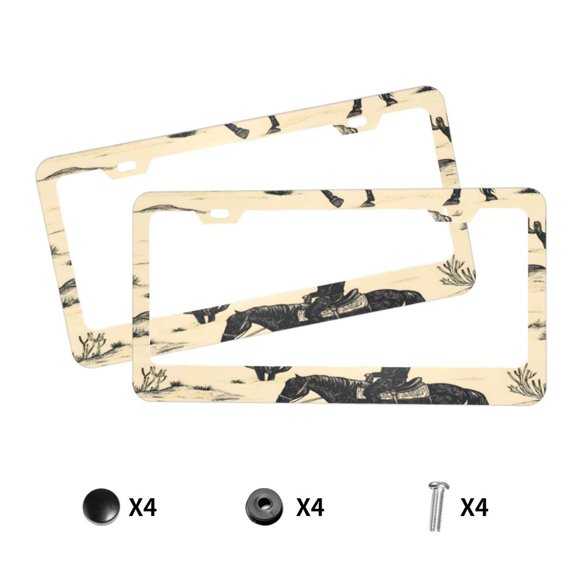 License Plate Frame With Screw Caps 2 Pack Rust Proof Car Tag Holder Front And Rear Universal Aluminum Frame For Most Cars Trucks Suvs Desert Cowboy Riding A Cactus