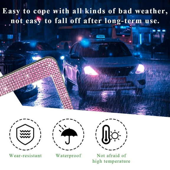 License Plate Frame, Sparkly License Plate Tag Cover with Multifaceted Rhinestones, Stainless Steel Crystal, License Plate Holder for Universal Exterior Car Accessories, Pink