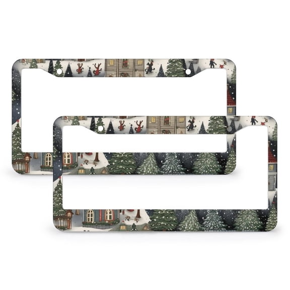 License Plate Frame Victorian Christmas Village License Plate Frames Cover Holders 2 Pack Winter Snow Scene Metal License Plate Frames for Women Men US Vehicles Standard