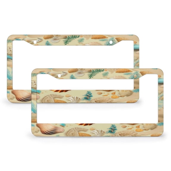License Plate Frames Beach Sand Shell Standard Car Tag Cover Holder 2 Pieces Summer Starfish Shell Beach Stainless Aluminum License Plate Frame Funny Cute for USA Canada Vehicles