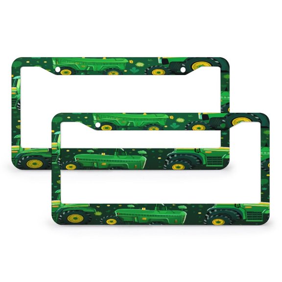 License Plate Frames Green Tractor License Plate Cover Frame 2 Pcs Set Cartoon Equipment Trucks Metal License Plate Frame Fits All Car