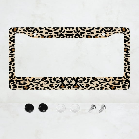 License Plate Frames Leopard Print Fun License Plate Frame Protector Cute Cheetah Texture Aluminum Metal Car Accessory 1 Pack with Screw Covers Set