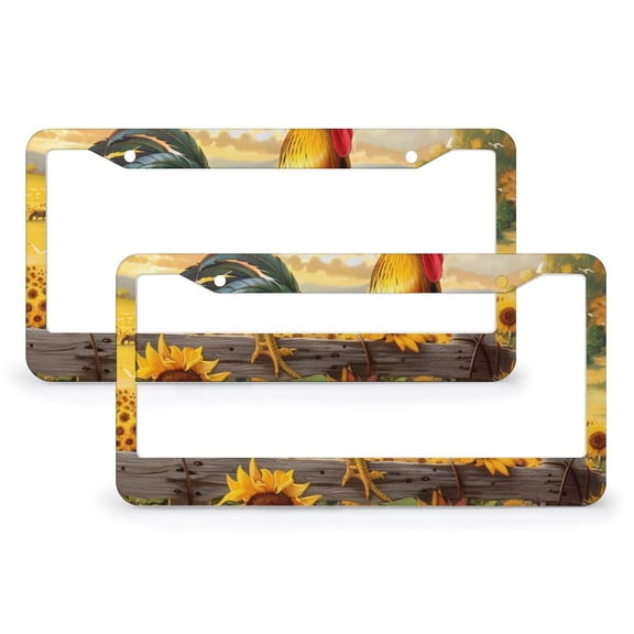 License Plate Frames Sunflower Cock Chicken Rooster Vintage Country Farm Style License Plate Frame License Plate Shield Frame 2 PCS Funny Farm Animals Aluminum License Plate Standard Vehicles