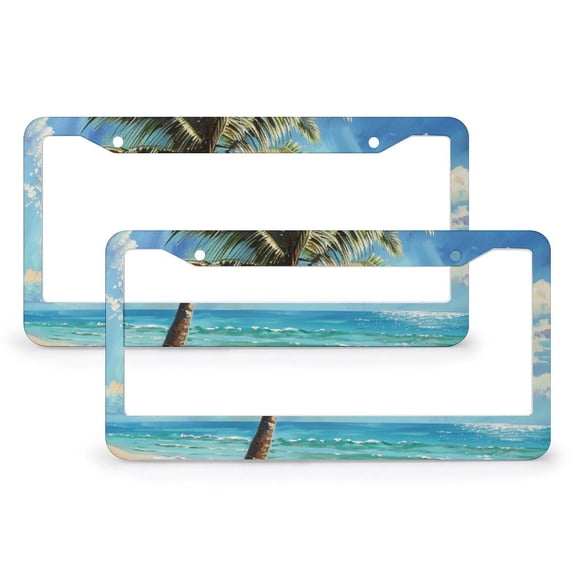 License Plate Frames Tropical Beach Palm Tree on A Sunny Day Auto Decorative Frames Cars Protector Cover Holder 2 Pcs Set Ocean Tree Leaf Beach Exotic Stainless Aluminum License Plate Cover