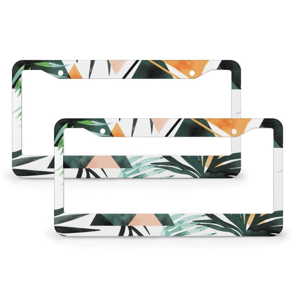 License Plate Frames Watercolor Palm Leaves And Abstract Geometric Triangles Auto Decorative Frames Cars Protector Cover Holder 2 PCS Abstract Summer Geometric Watercolor Palm Tree Leaf Aluminum