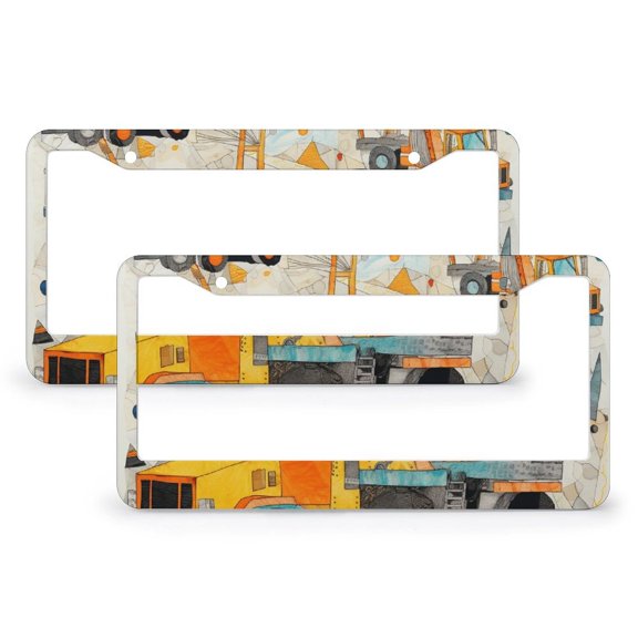 License Plate Frames Yellow Construction Trucks License Plate Cover Frame 2 PCS Excavator Tractor Construction Site Cars Metal License Plate Cover for Women Men US Vehicles Standard