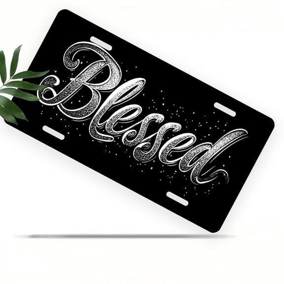 License Plate, Glittering "Blessed" Text Decorative Front,Personalized Stainless Steel License Plate Cover For Men Women,12.2" X 6.2"
