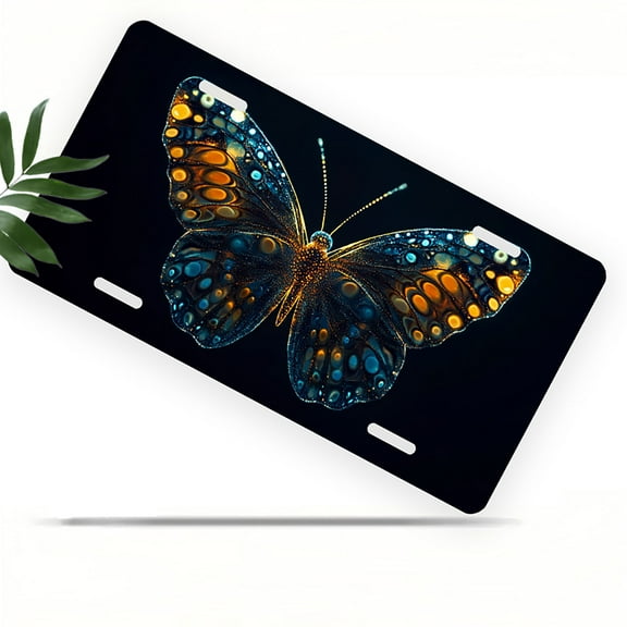 License Plate, Glowing Butterfly Decorative Front,Personalized Stainless Steel License Plate Cover For Men Women,12.2" X 6.2"