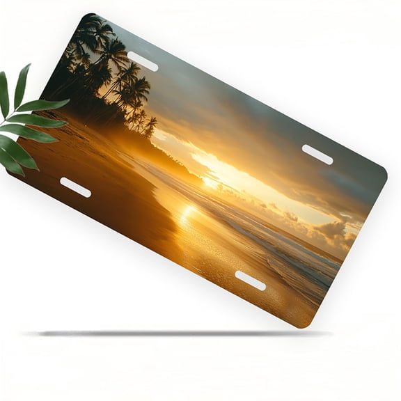 License Plate, Golden Beach at Sunrise Decorative Front,Personalized Stainless Steel License Plate Cover For Men Women,12.2" X 6.2"