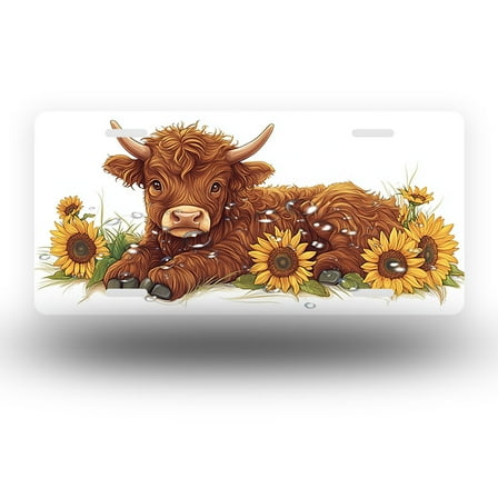 License Plate,Highland Cow among Sunflowers Decorative Front,Personalized Stainless Steel License Plate Cover For Men Women,12.2" X 6.2"