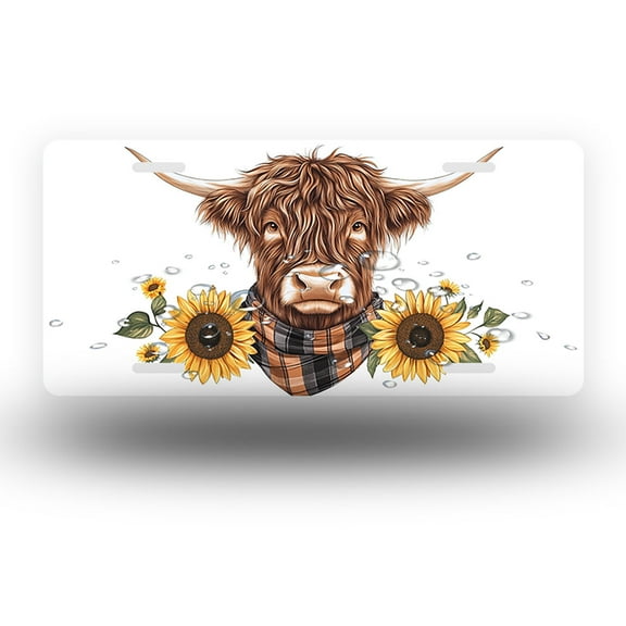 License Plate,Highland Cow with Sunflower and Scarf Decorative Front,Personalized Stainless Steel License Plate Cover For Men Women,12.2" X 6.2"