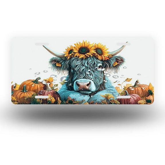License Plate,Highland cow with sunflower crown and pumpkin Decorative Front,Personalized Stainless Steel License Plate Cover For Men Women,12.2" X 6.2"