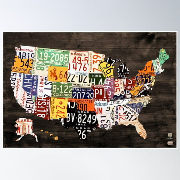 License Plate Map Of The United States Of America - Warm Colors / Black Edition Poster Wall Art, Modern Wall Decor, 8x12 UNFRAMED
