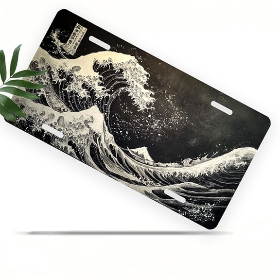 License Plate, Monochrome Great Wave Decorative Front,Personalized Stainless Steel License Plate Cover For Men Women,12.2" X 6.2"
