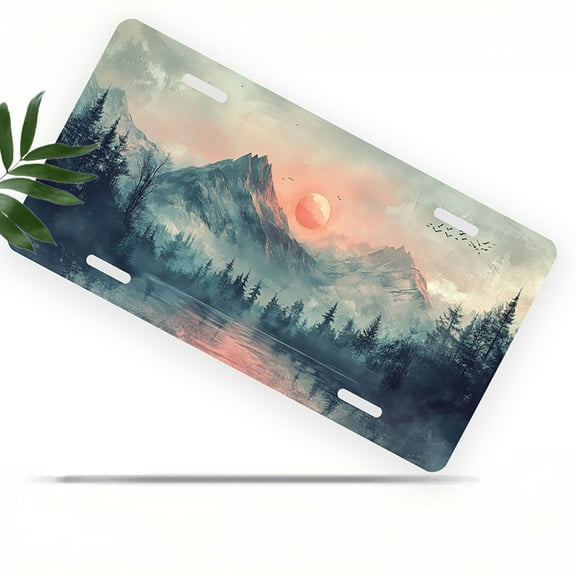 License Plate, Mountain Sunset Decorative Front,Personalized Stainless Steel License Plate Cover For Men Women,12.2" X 6.2"