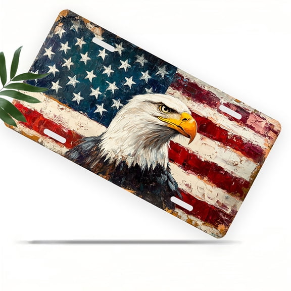 License Plate, Patriotic Eagle and Flag Decorative Front,Personalized Stainless Steel License Plate Cover For Men Women,12.2" X 6.2"