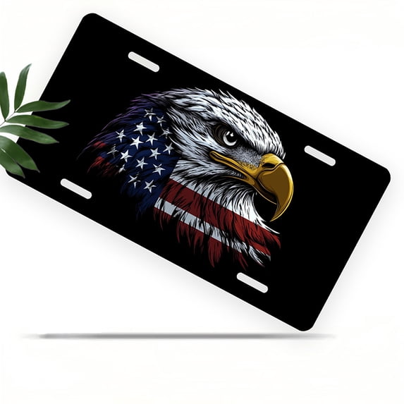License Plate, Patriotic Eagle with Flag Feathers Decorative Front,Personalized Stainless Steel License Plate Cover For Men Women,12.2" X 6.2"