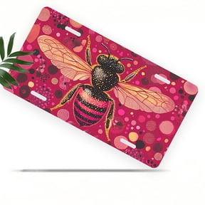 License Plate, Patterned Bee on Pink Background Decorative Front,Personalized Stainless Steel License Plate Cover For Men Women,12.2" X 6.2"