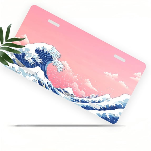 License Plate, Pink hued Wave Art Decorative Front,Personalized Stainless Steel License Plate Cover For Men Women,12.2" X 6.2"