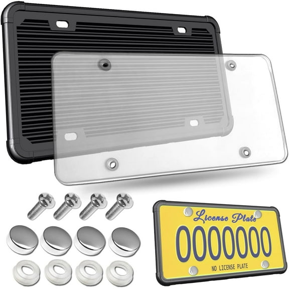 License Plate Protector- Clear Novelty Number Plate Cover with Silicone Car Tag Frame, Unbreakable Cover to Protect Front or Back License Plate with Screws,Caps