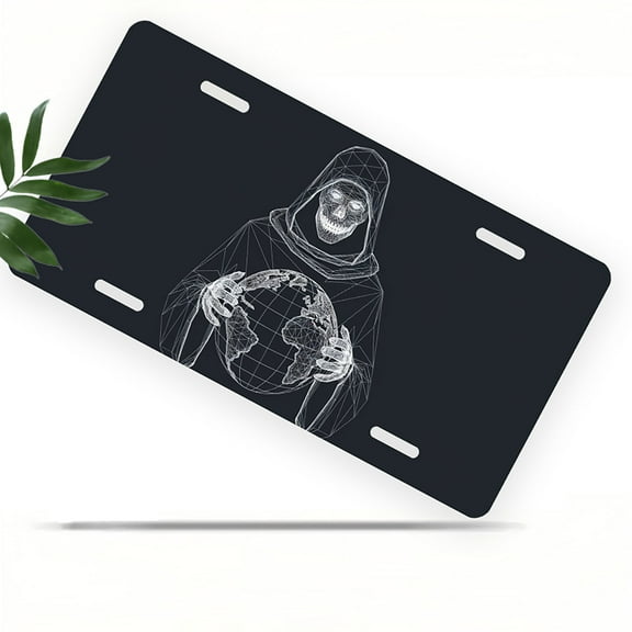 License Plate, Skeleton with Globe Decorative Front,Personalized Stainless Steel License Plate Cover For Men Women,12.2" X 6.2"