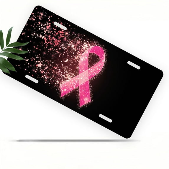 License Plate, Sparkling Pink Ribbon Decorative Front,Personalized Stainless Steel License Plate Cover For Men Women,12.2" X 6.2"