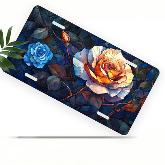 License Plate, Stained glass style Roses Decorative Front,Personalized Stainless Steel License Plate Cover For Men Women,12.2" X 6.2"