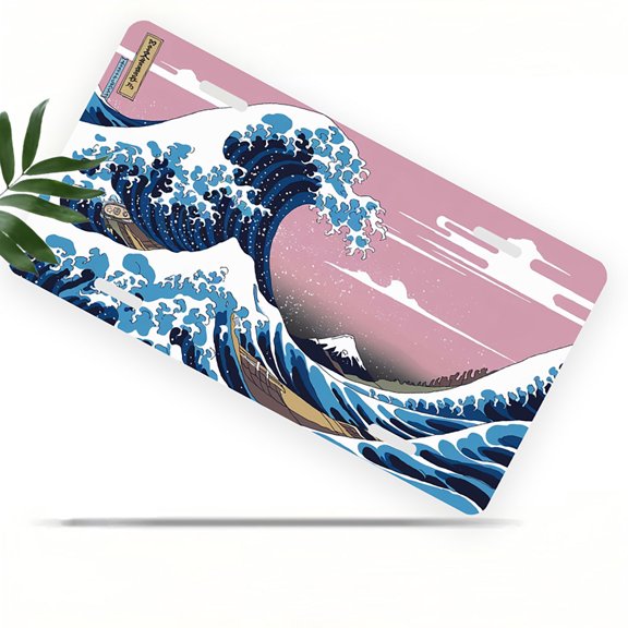 License Plate, Stylized Great Wave Decorative Front,Personalized Stainless Steel License Plate Cover For Men Women,12.2" X 6.2"