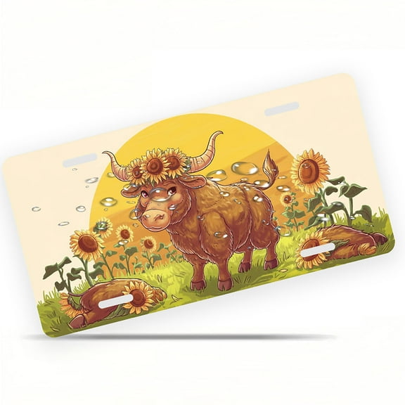 License Plate, Sunflower Crowned Bull Decorative Front,Personalized Stainless Steel License Plate Cover For Men Women,12.2" X 6.2"