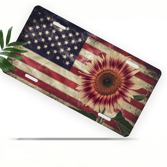 License Plate, Sunflower with American Flag Decorative Front,Personalized Stainless Steel License Plate Cover For Men Women,12.2" X 6.2"
