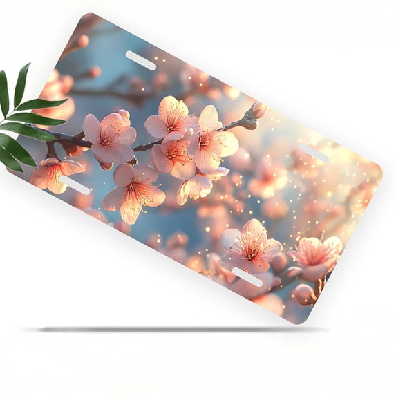 License Plate, Sunlit Cherry Blossoms Decorative Front,Personalized Stainless Steel License Plate Cover For Men Women,12.2" X 6.2"