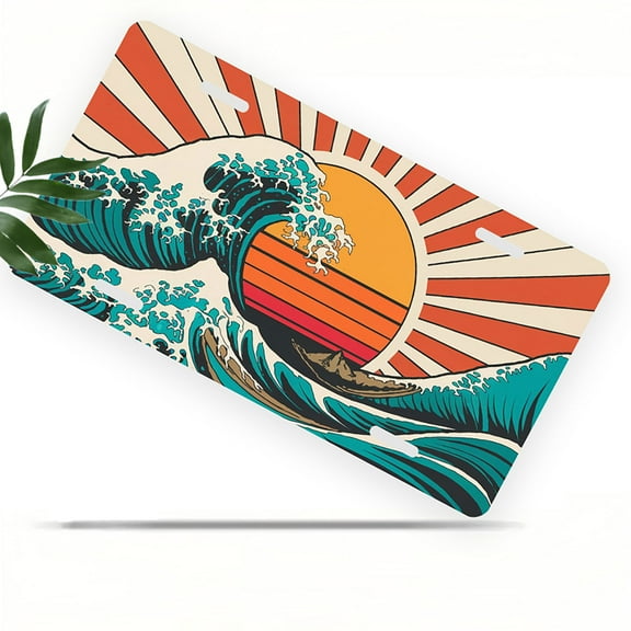 License Plate, Sunset and Waves Decorative Front,Personalized Stainless Steel License Plate Cover For Men Women,12.2" X 6.2"