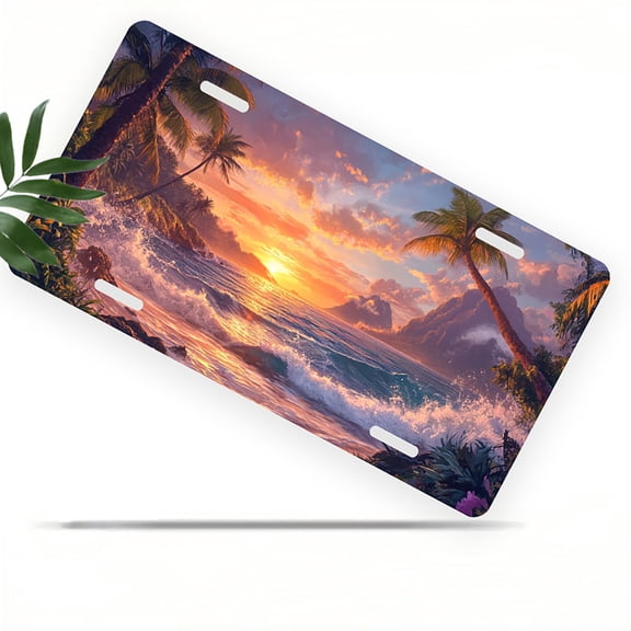 License Plate, Tropical Sunset Beach Decorative Front,Personalized Stainless Steel License Plate Cover For Men Women,12.2" X 6.2"