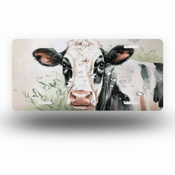 License Plate,Watercolor Cow Portrait Decorative Front,Personalized Stainless Steel License Plate Cover For Men Women,12.2" X 6.2"