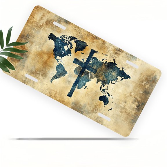 License Plate, World Map with Cross Decorative Front,Personalized Stainless Steel License Plate Cover For Men Women,12.2" X 6.2"
