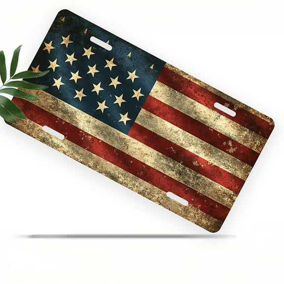 License Plate, Worn out American Flag Decorative Front,Personalized Stainless Steel License Plate Cover For Men Women,12.2" X 6.2"