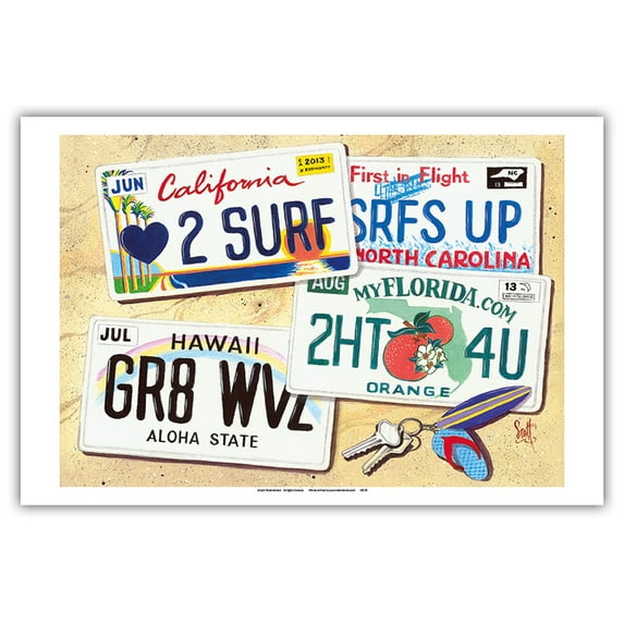License Plates - Surf Culture Vanity Plates - From an Original Color Painting by Scott Westmoreland - Master Art Print (Unframed) 12in x 18in