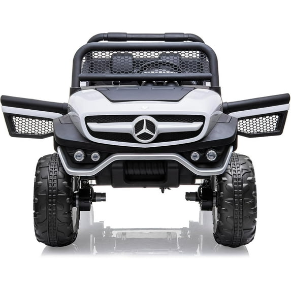 Licensed 24V Mercedes-Benz Ride-On Truck for Kids, 2-Seater Electric Car with Remote Control, Trunk Storage, Battery Display, Spring Suspension, LED Lights, and USB Music, Stylish White Design