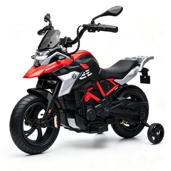 Licensed BMW G310 24V Electric Ride On Motorcycle for Kids with Inflatable Rubber Tires & Training Wheels, Quiet Brushless Driven Motors, Up to 12.5 mph, PU Leather Seat, Rear Braking, Red