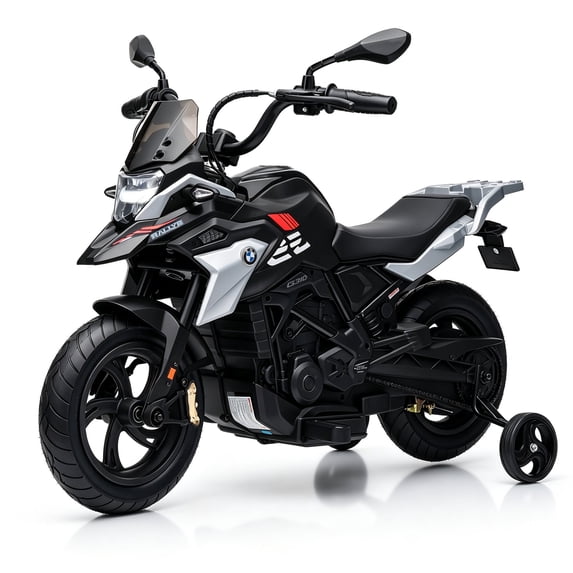 Licensed BMW G310 24V Electric Ride On Motorcycle for Kids with Inflatable Rubber Tires & Training Wheels, Quiet Brushless Driven Motors, Up to 12.5 mph, PU Leather Seat, Rear Braking, Black